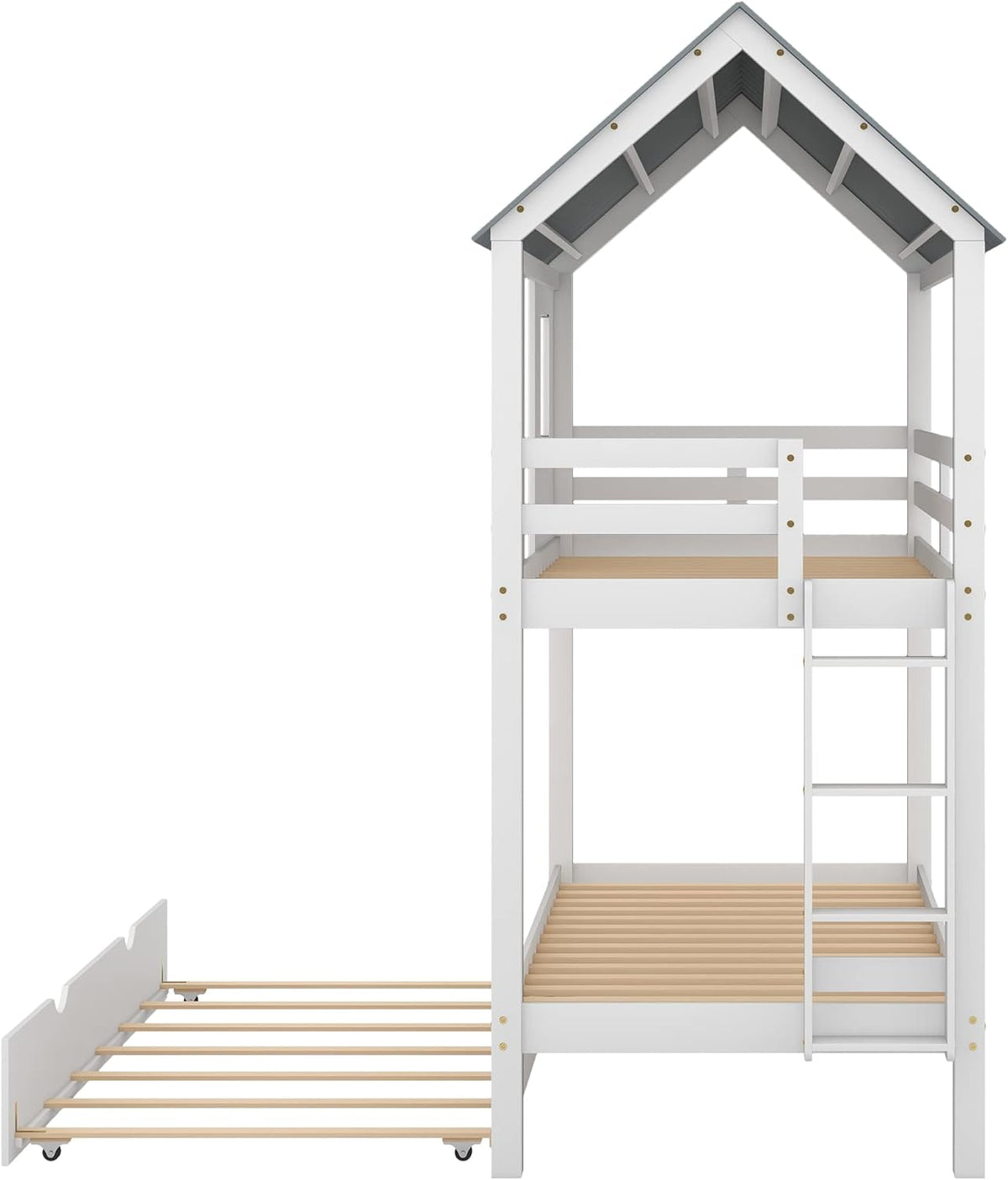 White Wood Twin Over Twin Bunk Bed with Trundle D6070