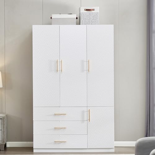 White 4 Doors 3 Drawers Wooden Closet Cabinet Wardrobe Armoire V8323