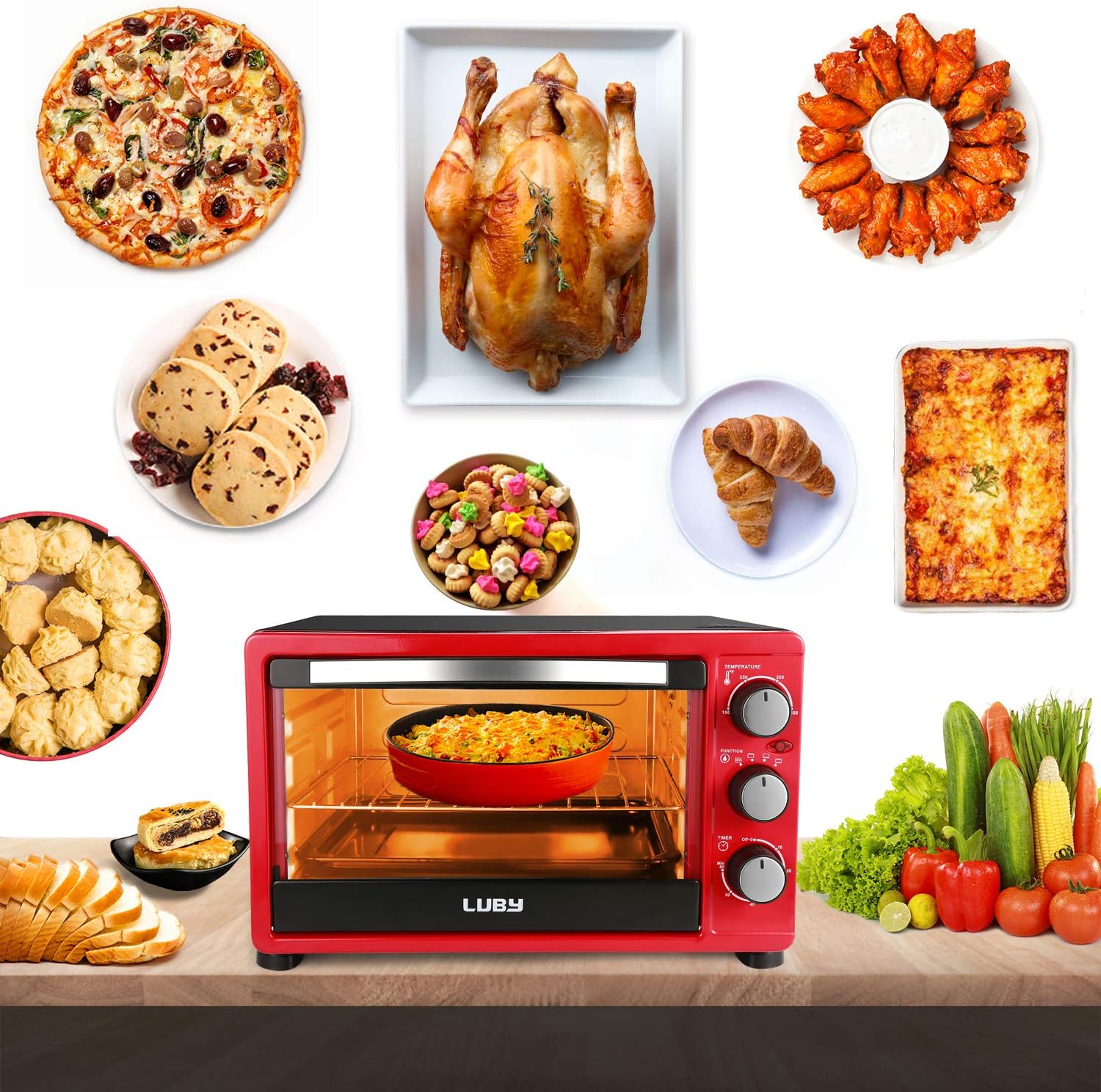 Red 6-Slice Convection Toaster Oven with Timer, Baking Pan, Rack and Crumb Tray, Pack of 2 R949013