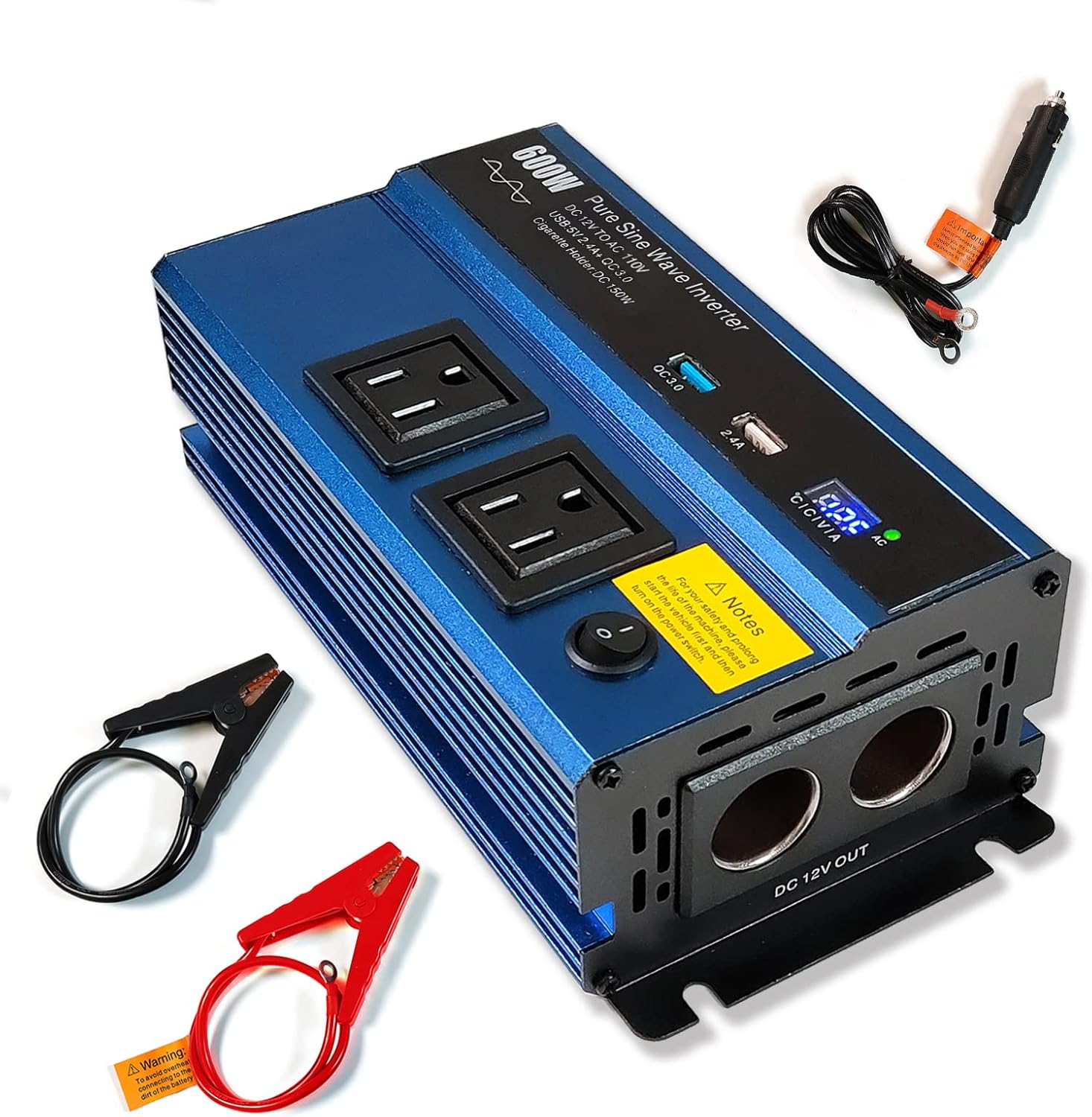 600W Pure Sine Wave Power Inverter DC12V to AC 110V with Dual AC Outlet Q803