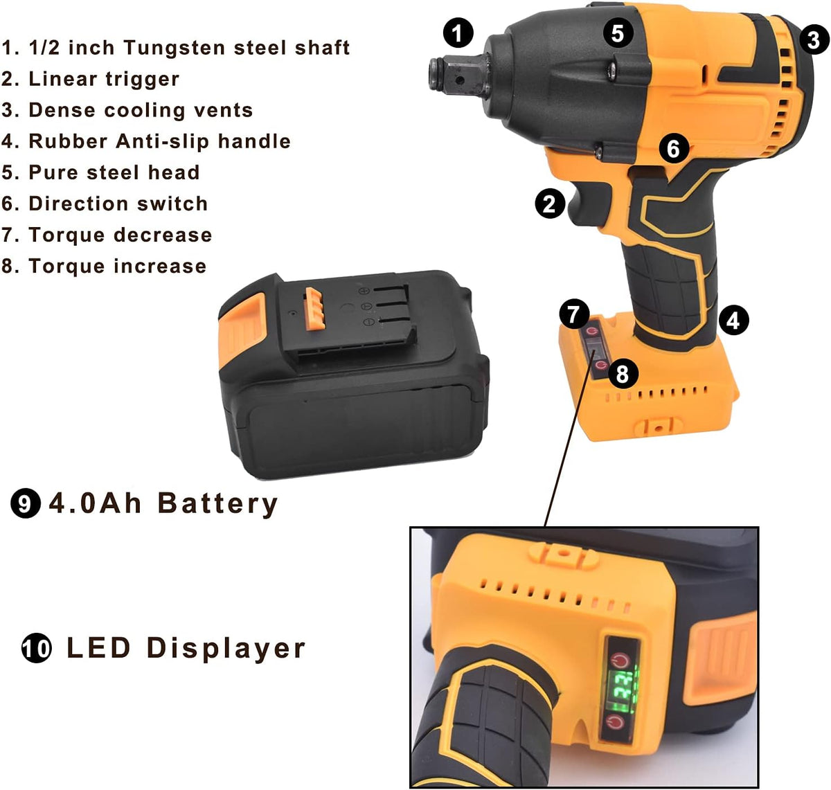 Cordless Impact Wrench Set with 2 × 4.0 Ah Battery, 1/2 Inch Chuck, Brushless Motor T714