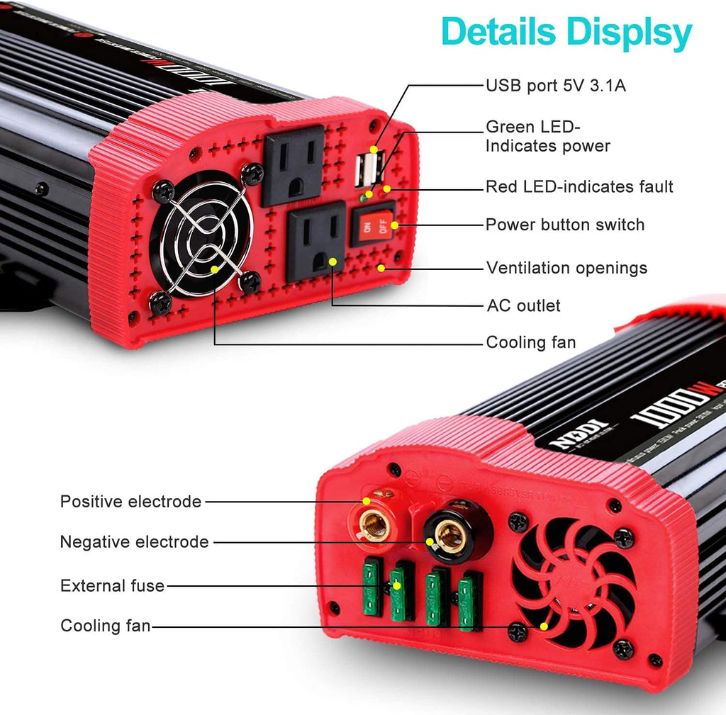 1000W Car Power Inverter 12V DC to 110V AC Converter Dual AC Outlets 3.1A USB Port Pack of 2 F26348