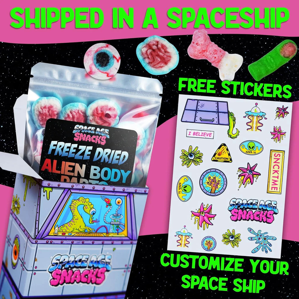 Freeze Dried Candy Variety Pack with Airheads, Skulls, and Alien Body Parts in Spaceship Box U161075