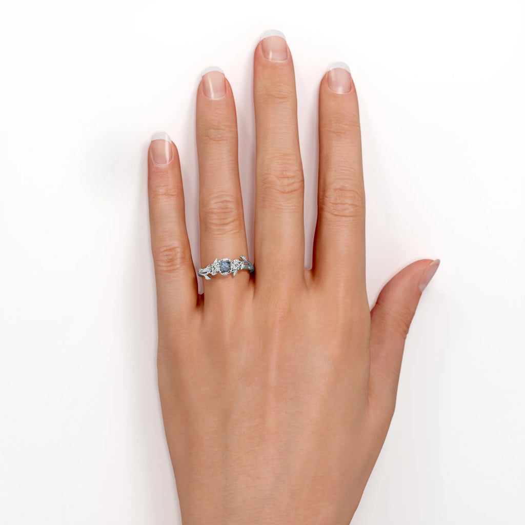 Three Stone Engagement Ring with Princess Cut Salt and Pepper Diamond and Moissanite Q993146