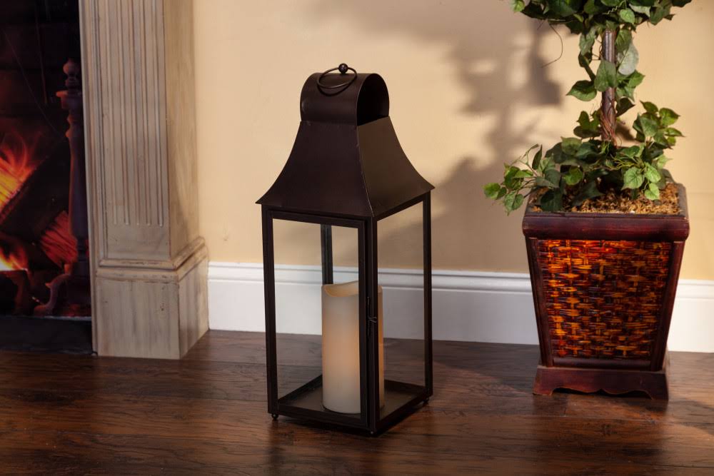 Bronze Brown Metal Lantern with Glass Panes O866229