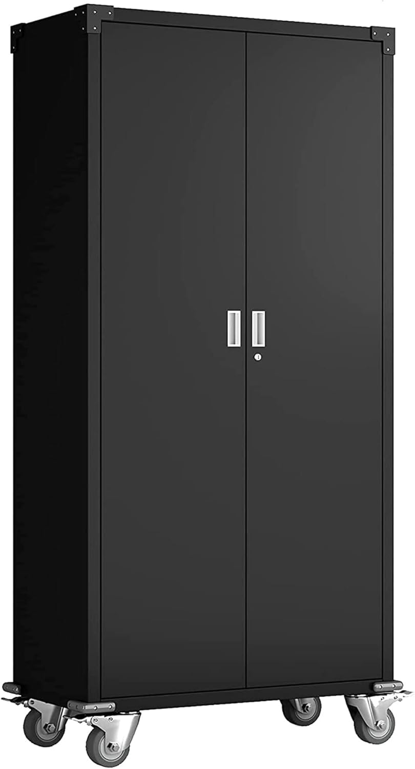 Black Metal Storage Cabinet with Wheels, 72 Inches E8952