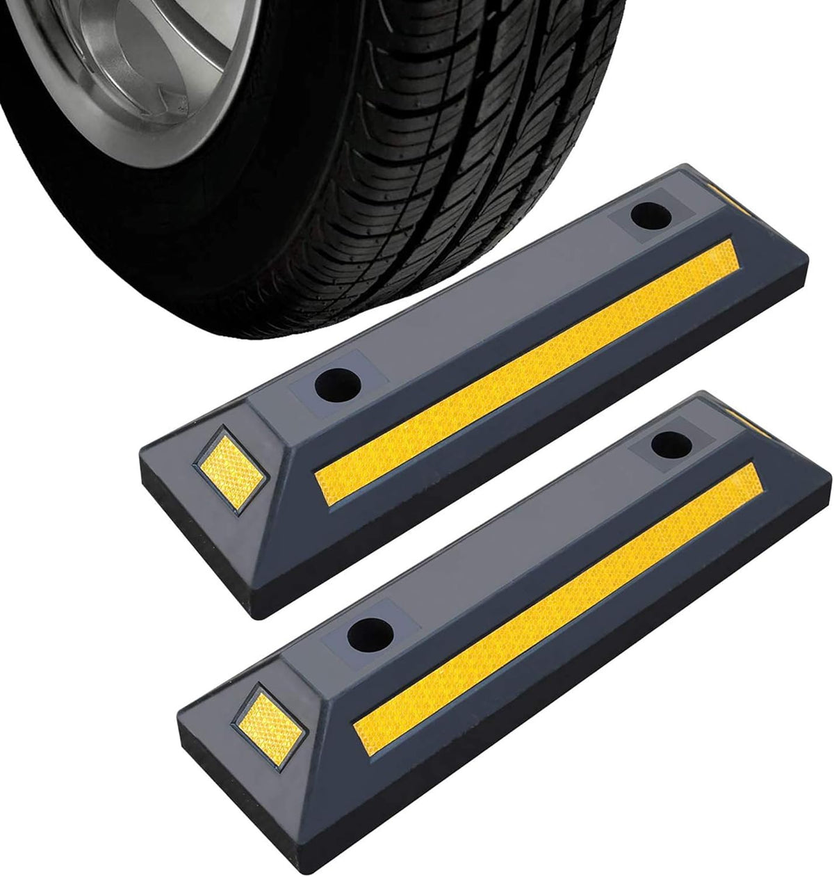 2 Pack Rubber Parking Guide Blocks with Yellow Reflective Stripes 21.25x5.7x3.54 W59295