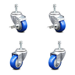 Set of 4 Blue Polyurethane Swivel Threaded Stem Casters with 3 inch x 1.25 inch Wheels and 10mm Stems D31061