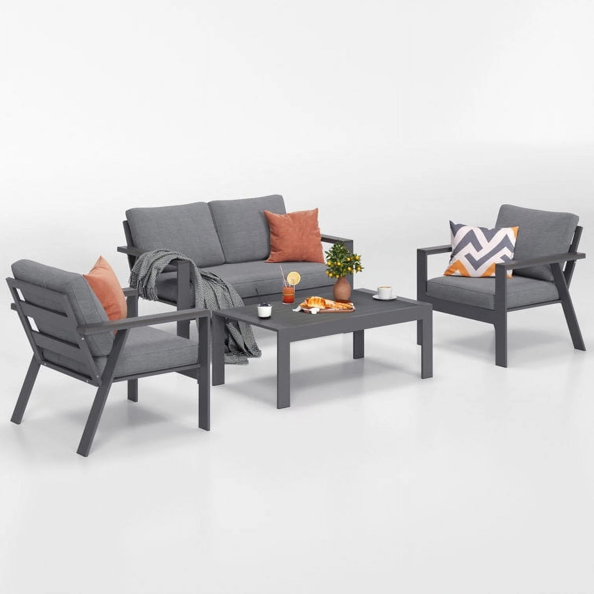 Gray 4-Seat Outdoor Aluminum Sectional Sofa with Cushions U66318