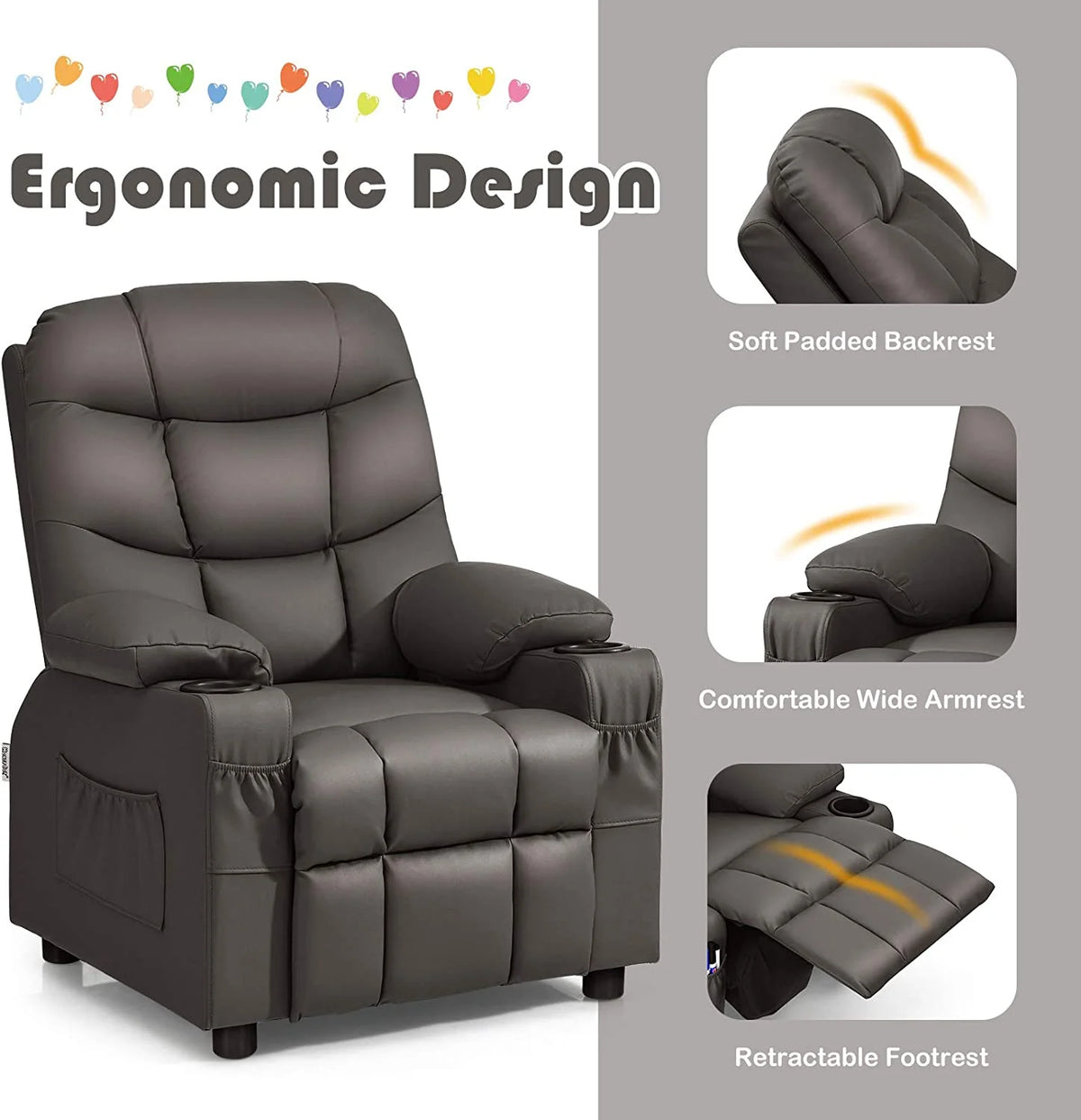 Brown PU Leather Kids Recliner Chair with Cup Holder D988482