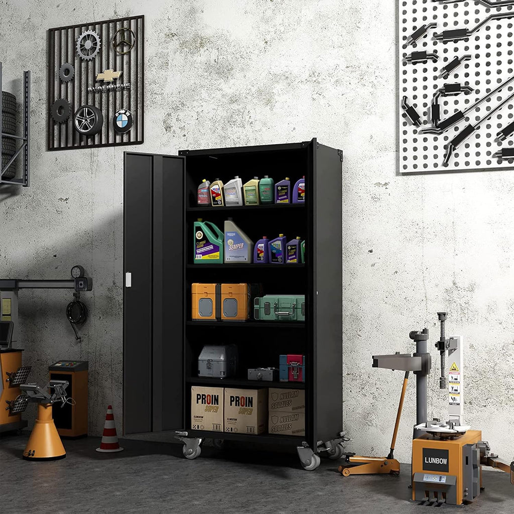 Black Metal Storage Cabinet with Wheels, 72 Inches E8952