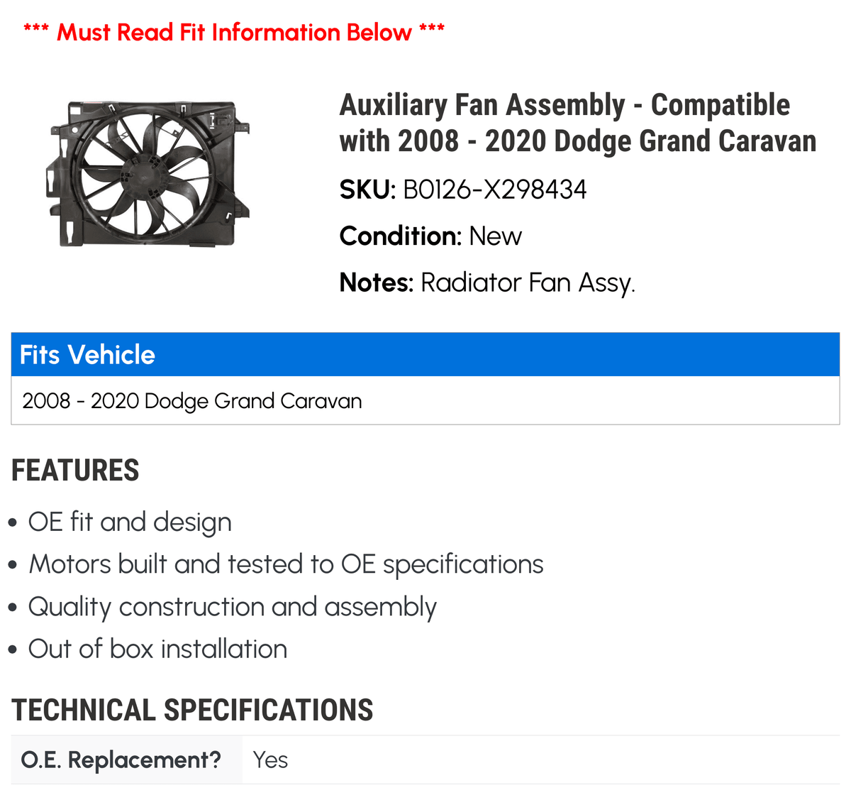 Auxiliary Fan Assembly for Dodge Grand Caravan B463