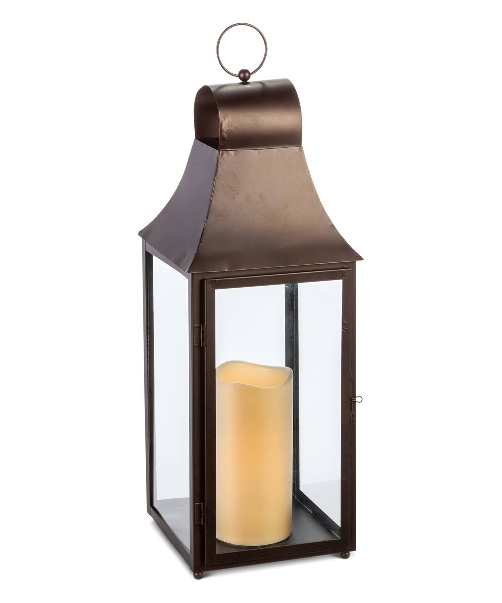 Bronze Brown Metal Lantern with Glass Panes O866229