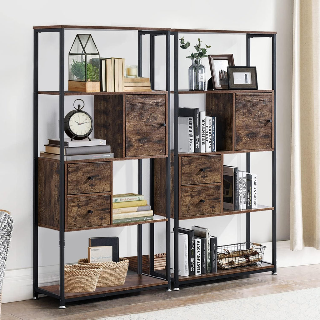 5 Tier Rustic Brown Wood Bookcase with Drawer and Door, Set of 2 J962584