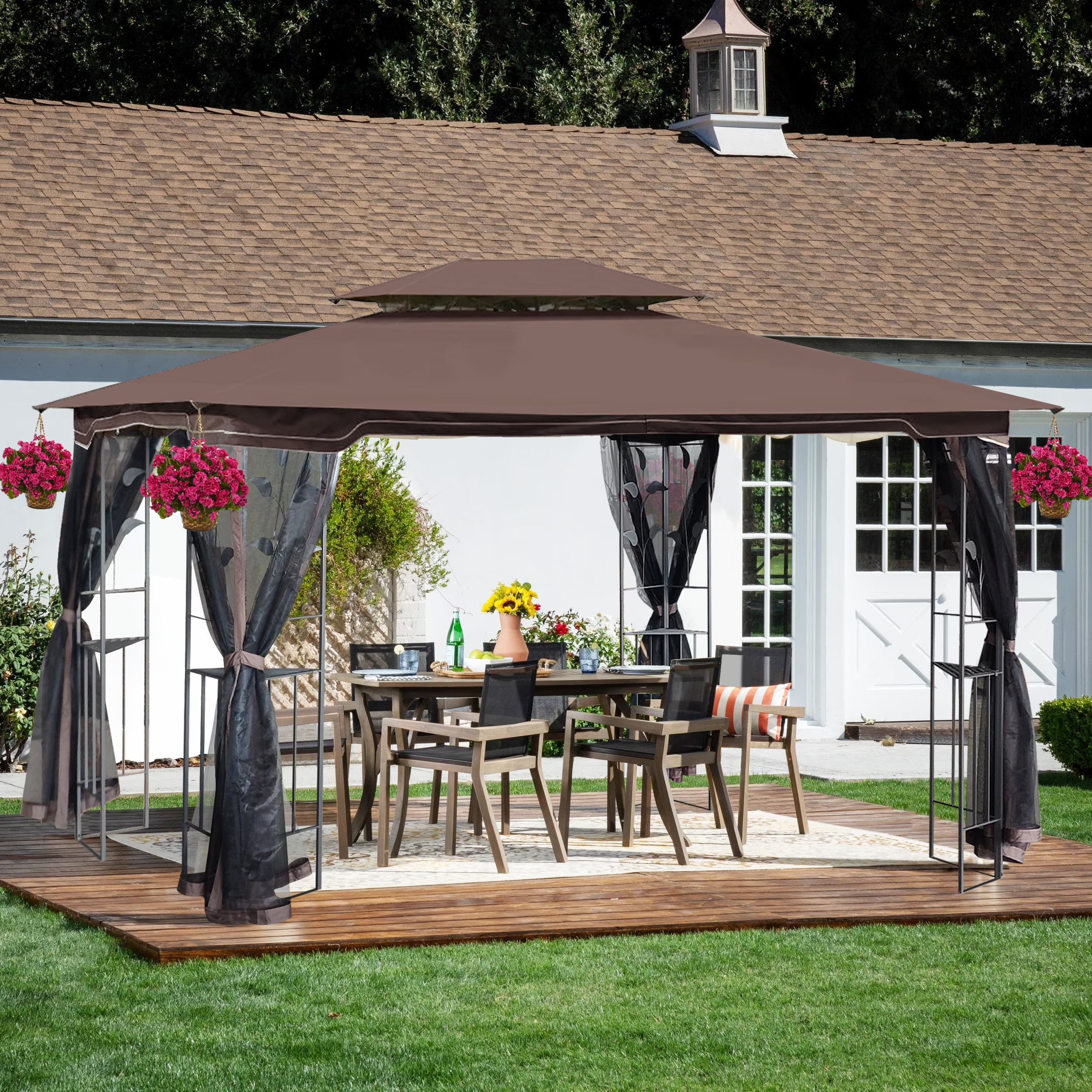Brown Top Outdoor Patio Gazebo Canopy Tent with Mosquito Net M59798