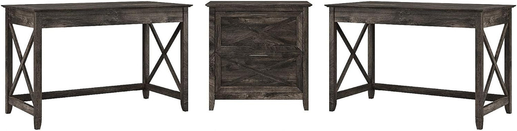 2 Person Desk Set with Lateral File Cabinet, Dark Gray Hickory Q560