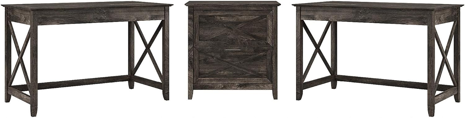 2 Person Desk Set with Lateral File Cabinet, Dark Gray Hickory Q560