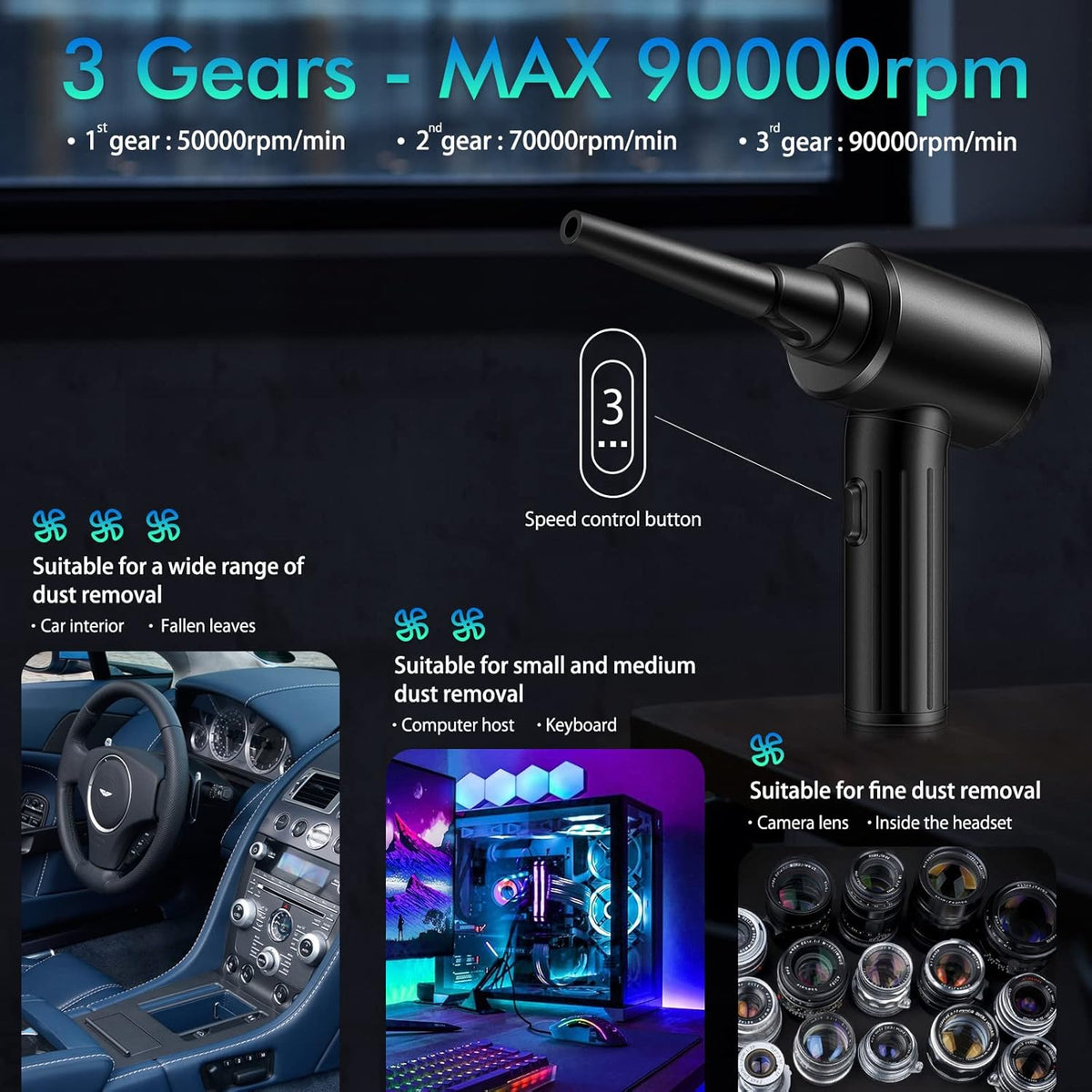 Cordless Electric Air Duster 90000 RPM Rechargeable 7500mAh Y1849