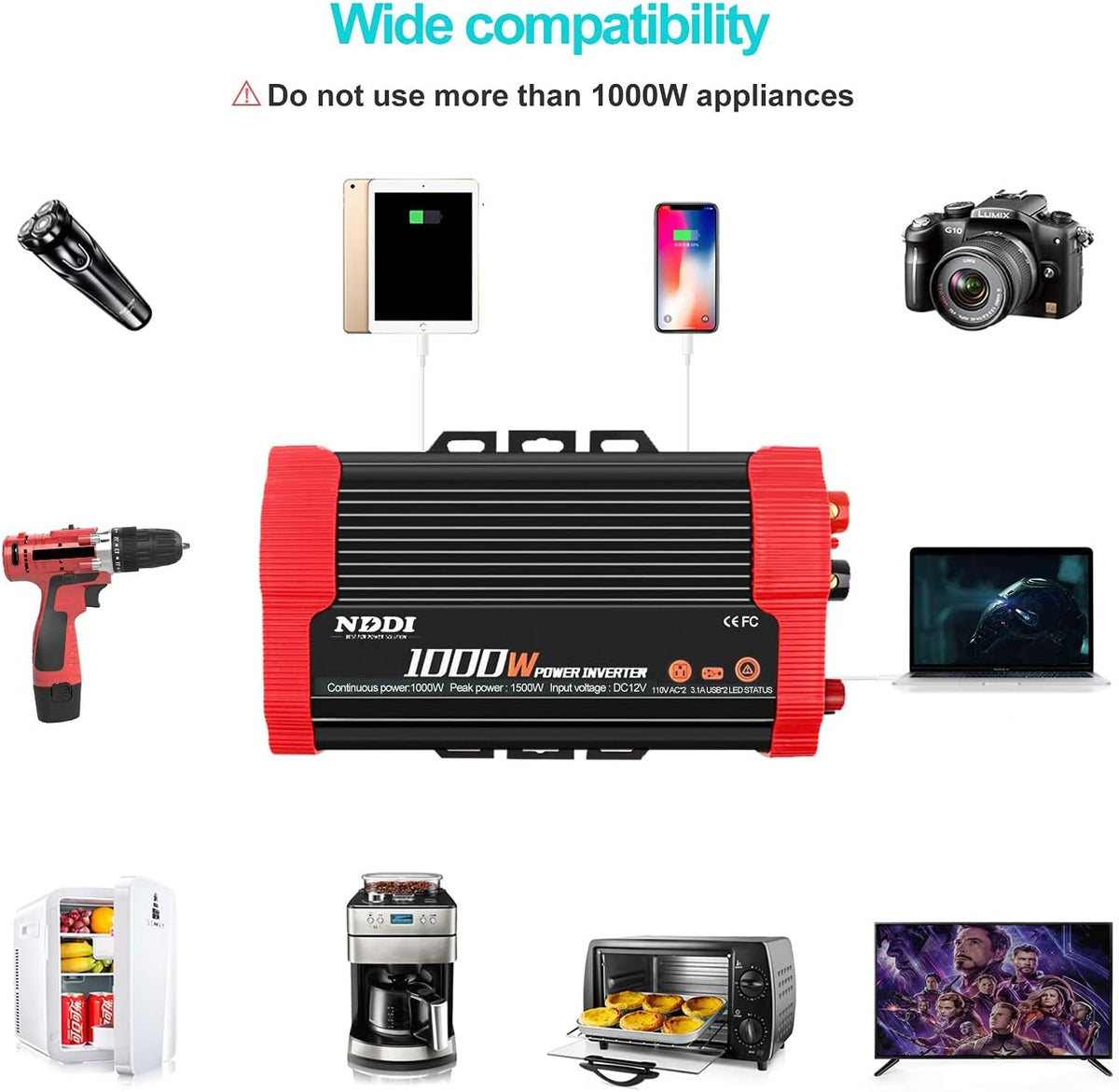 1000W Car Power Inverter 12V DC to 110V AC Converter Dual AC Outlets 3.1A USB Port Pack of 2 F26348