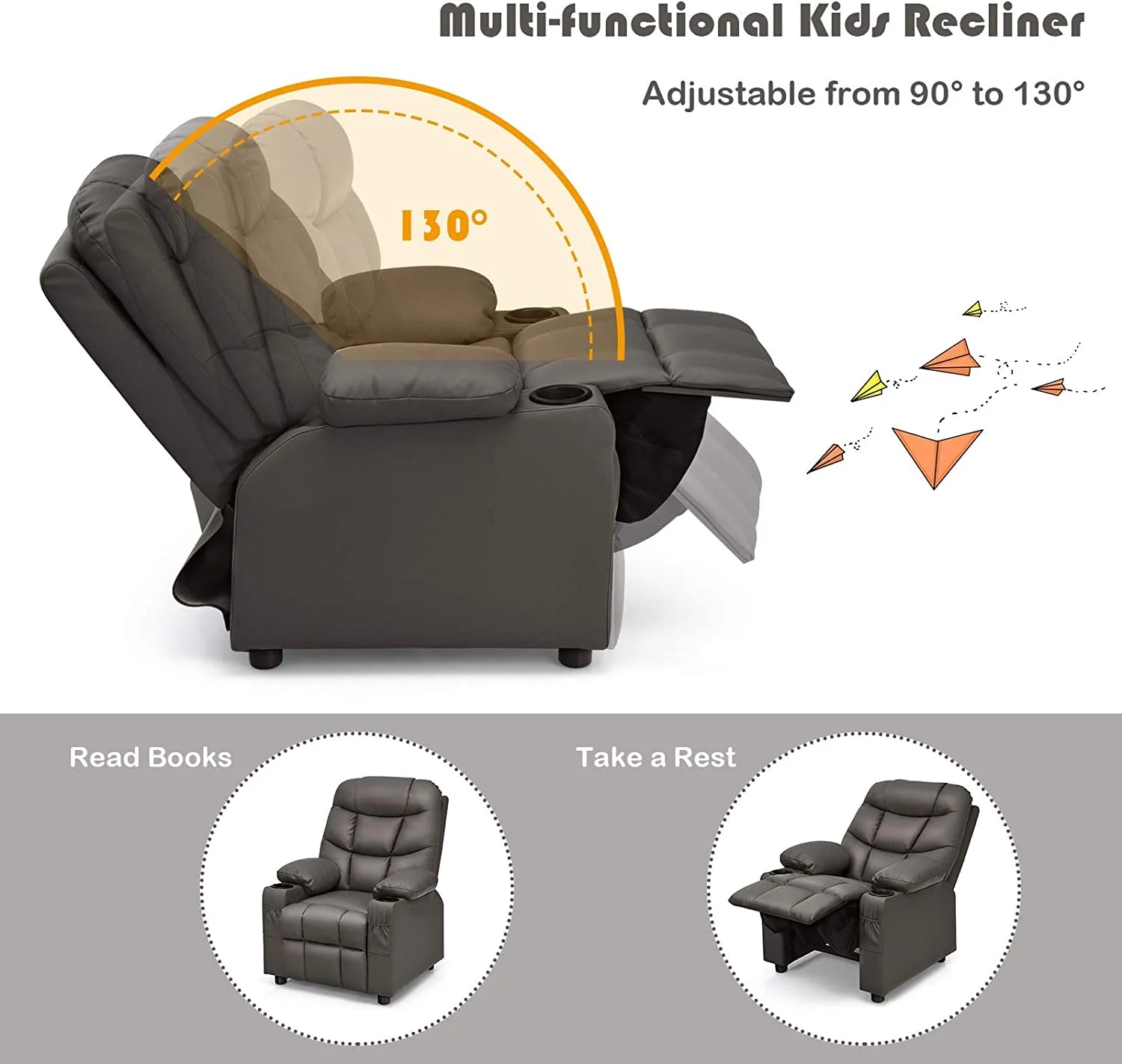 Brown PU Leather Kids Recliner Chair with Cup Holder D988482