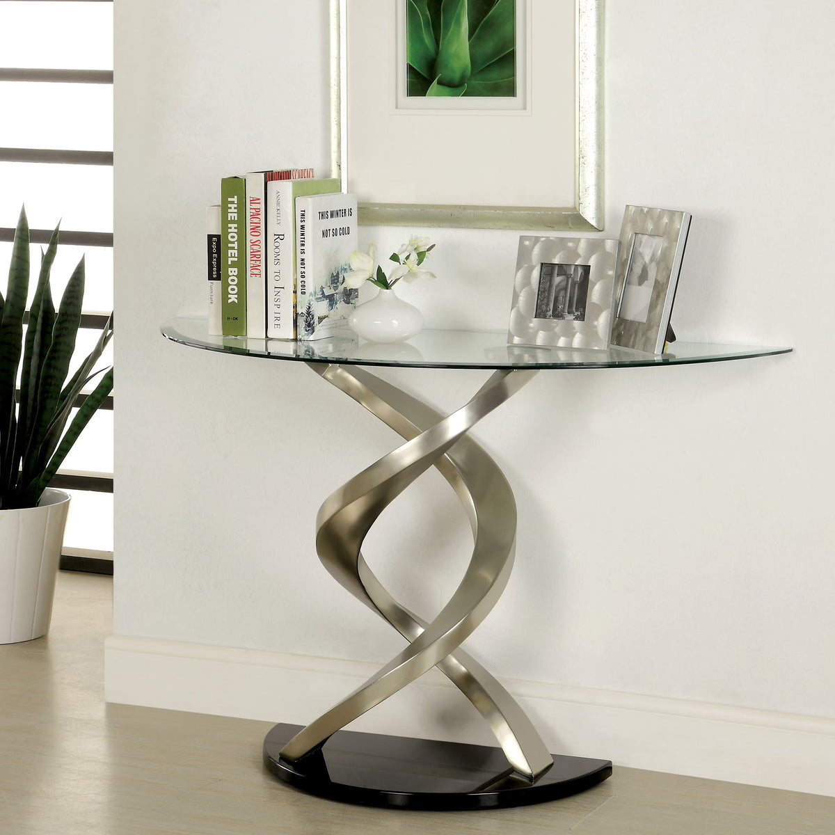 Silver Glass Top Half-moon Sofa Table X20634