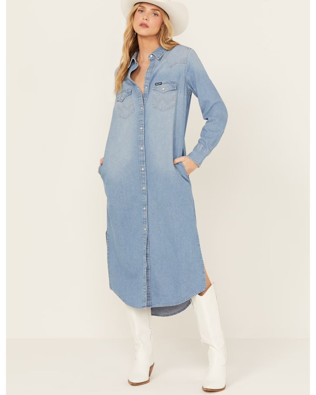 Medium Wash Long Sleeve Denim Dress B75219