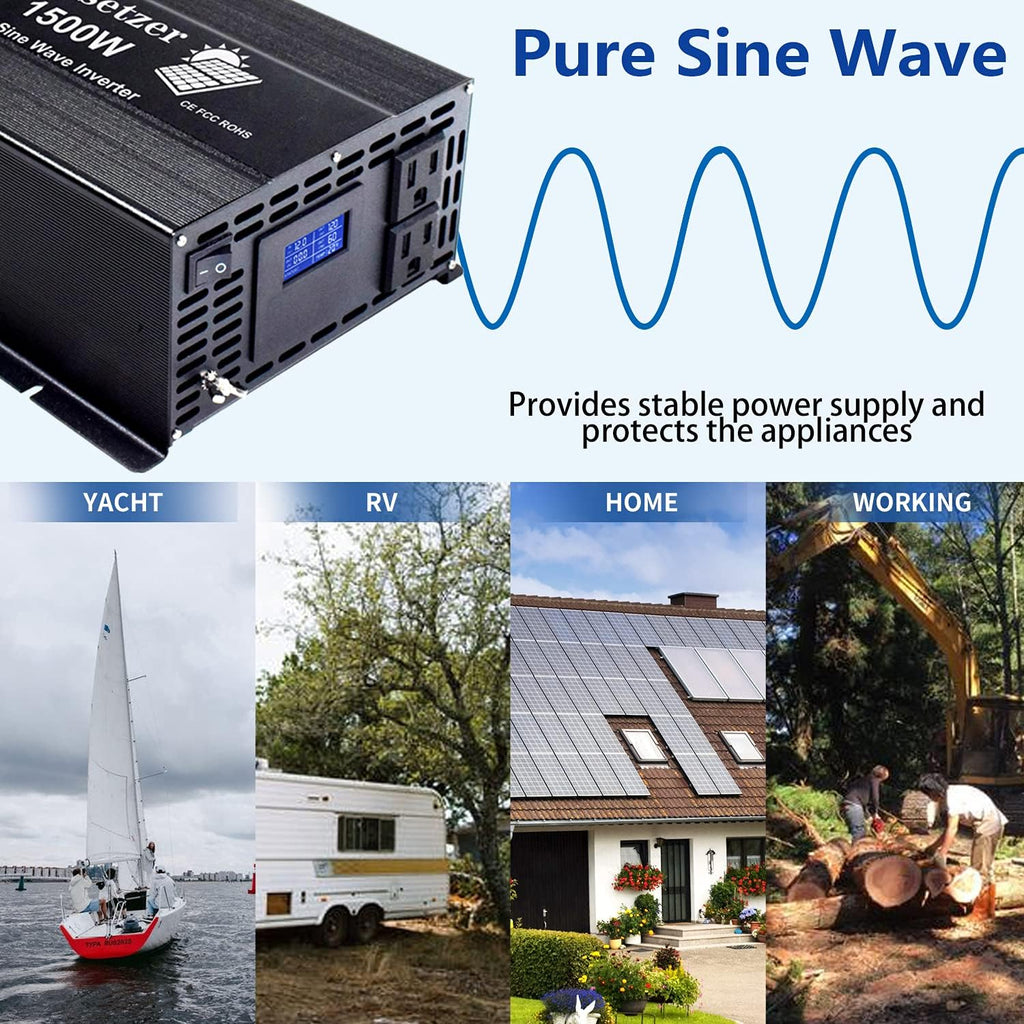3000 Watt Pure Sine Wave Inverter 12V to 110V 120 Volt with Dual US Outlet and LCD Display M3315