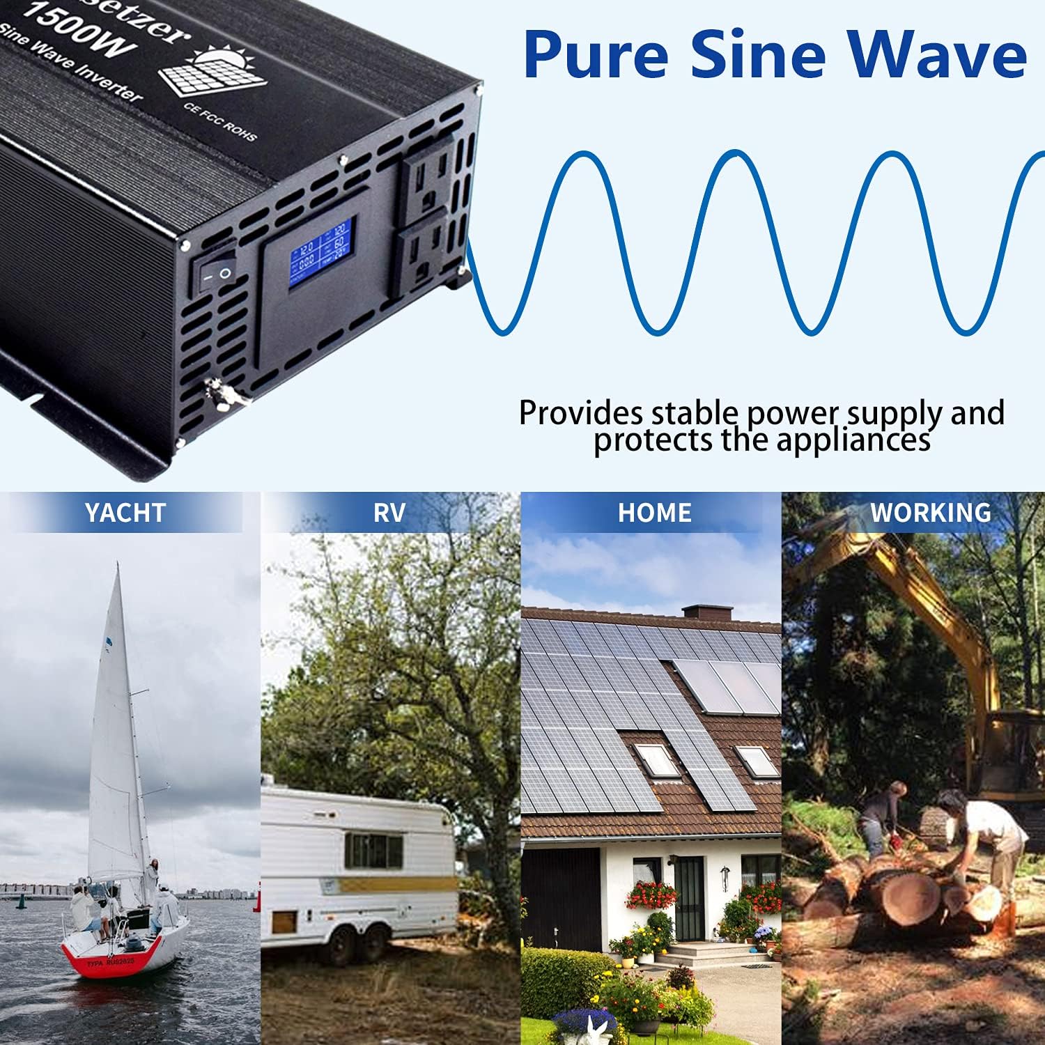 3000 Watt Pure Sine Wave Inverter 12V to 110V 120 Volt with Dual US Outlet and LCD Display M3315