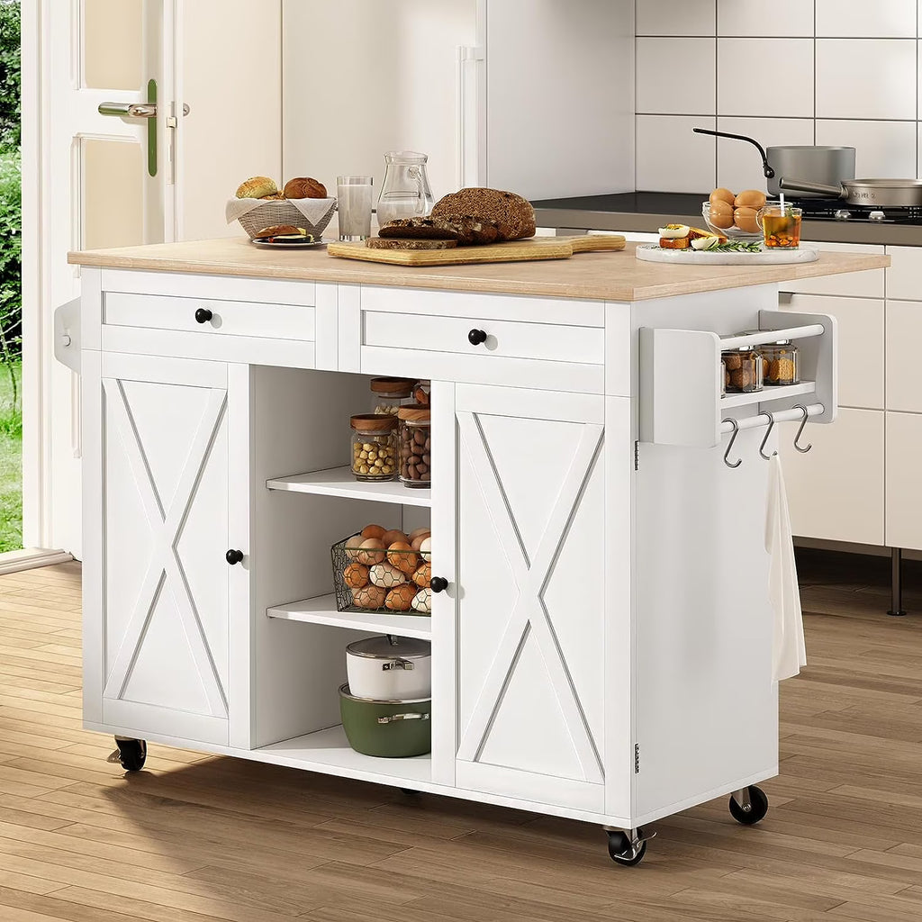 White Kitchen Island with Storage and Drop Leaf P440300