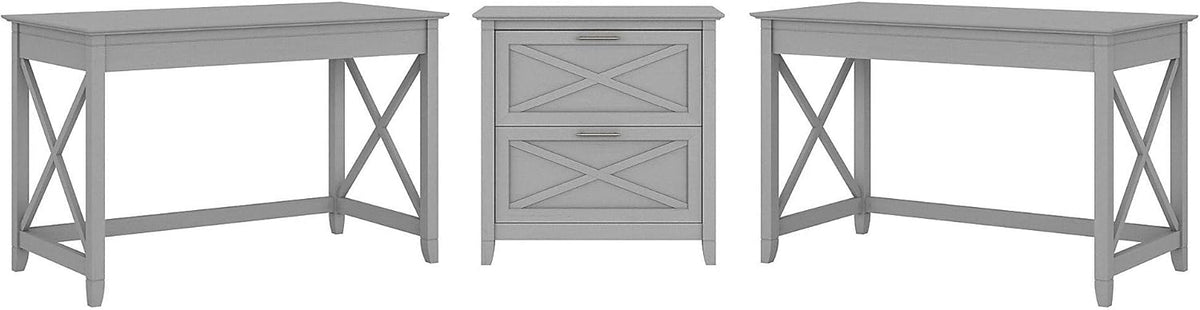 2 Person Desk Set with Lateral File Cabinet, Dark Gray Hickory Q560