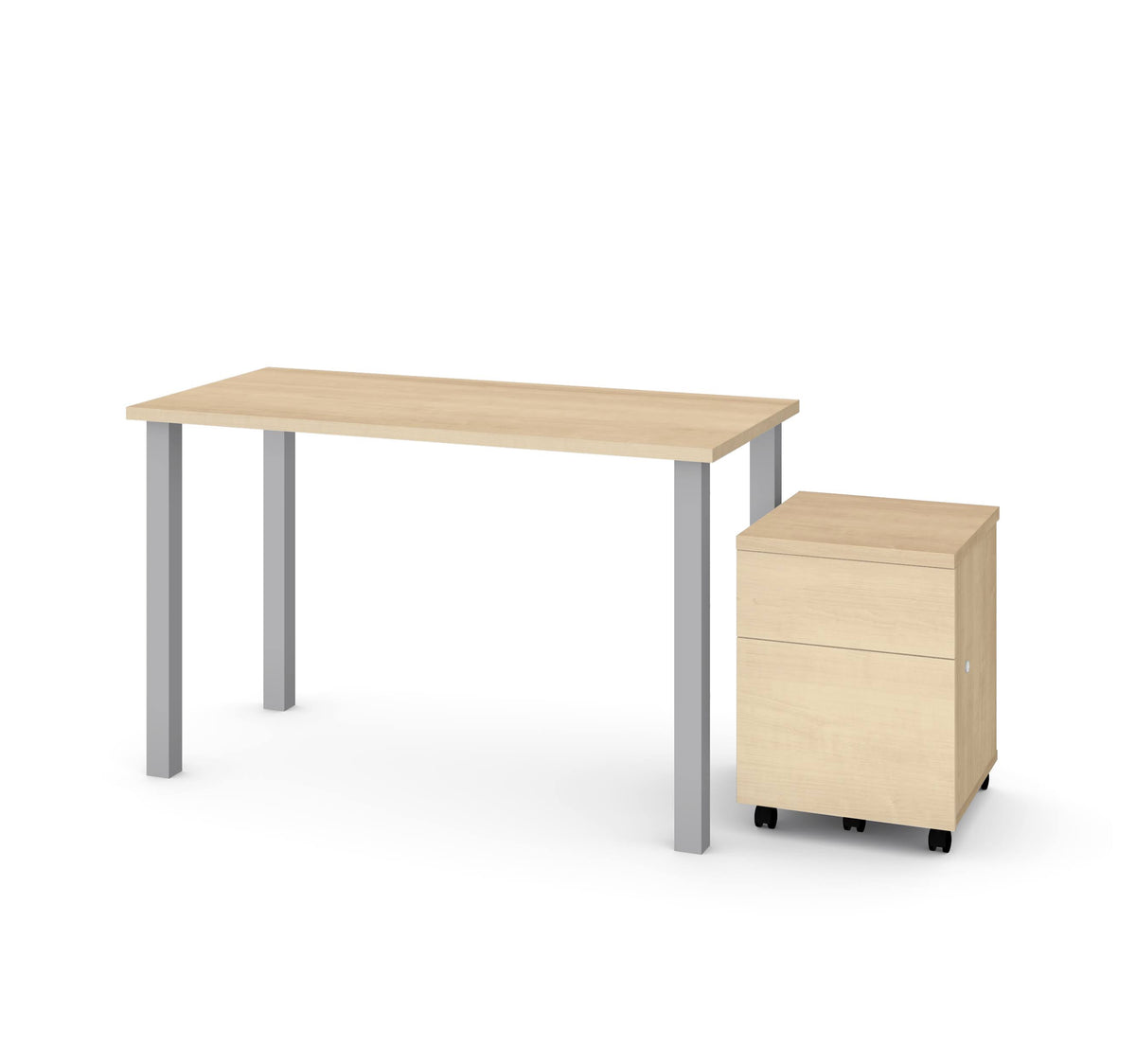 2 Piece Table with Square Metal Legs and Mobile Filing Cabinet in Northern Maple L90474