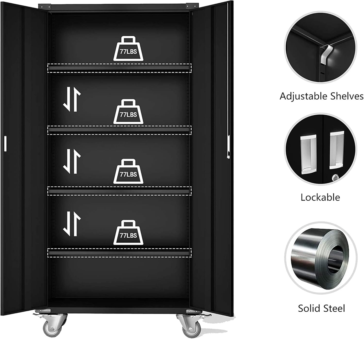 Black Metal Storage Cabinet with Wheels, 72 Inches E8952