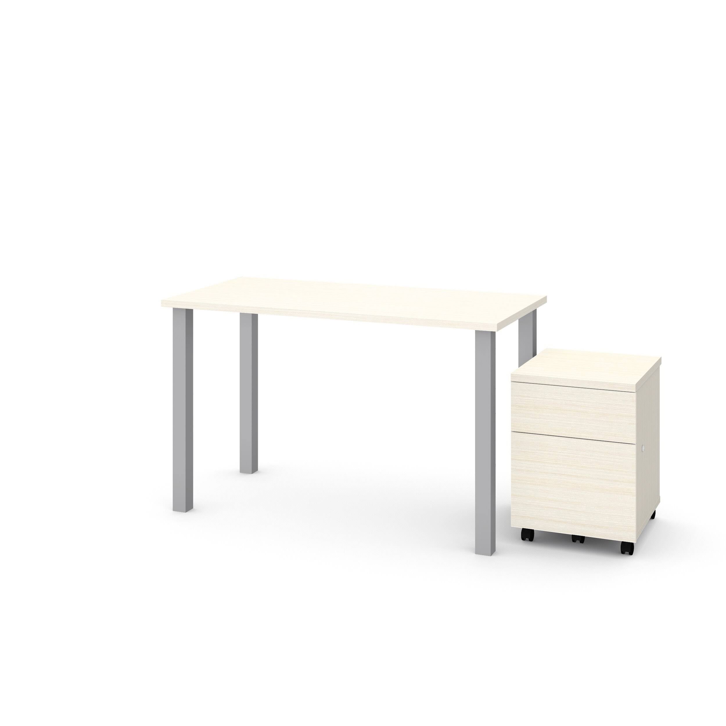 2 Piece Table with Square Metal Legs and Mobile Filing Cabinet in Northern Maple L90474